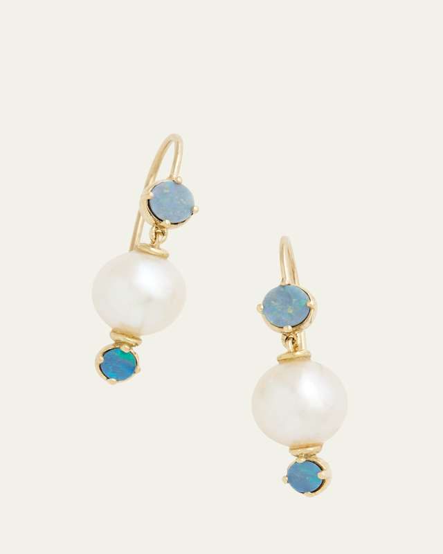 18K Yellow Gold Pearl Drop Earrings with Opal